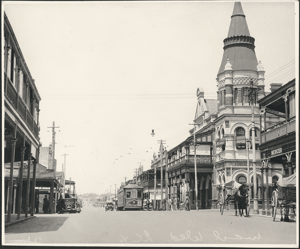 View down Rokeby Rd of Subiaco Hotel, around 1930 with horse and carriage on the road