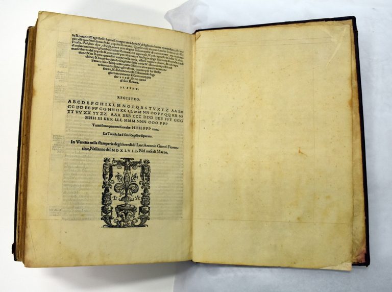The back page of Le Deche di T. Livio Padovano: delle Historie Romane, an Italian translation of Livy’s History of Rome