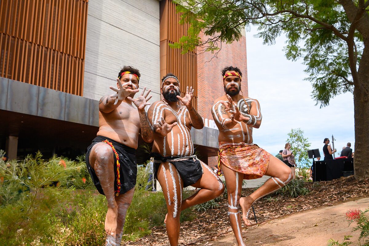 Aboriginal dancers at the opening of TL Robertson Library